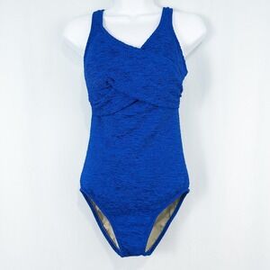 Penbrooke Krinkle Crossover Chlorine Resistant One Piece Swimsuit 8L Royal Blue